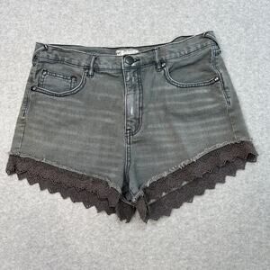 Free People Denim Shorts Womens 31 Gray Vintage Wash High Rise Crochet Lace Trim